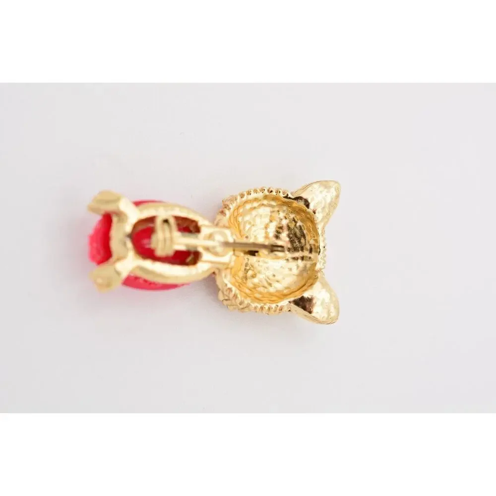 Vintage Winking Cat Pin Brooch Kissy Face Cabochon Crystal Gold 1980s BinATa